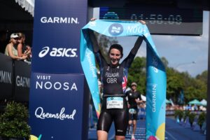 Jess Fullagar taking the Garmin Noosa Triathlon win – Photo Korupt Vision