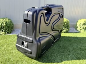Shokbox Pro bike travel case standing upright, three-quarter view